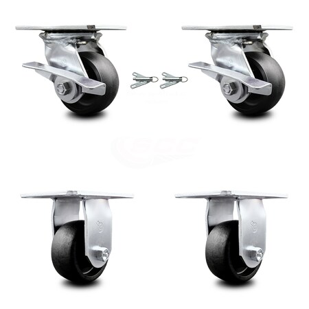 Service Caster 4 Inch Glass Filled Nylon Caster Brakes/Swivel Locks and 2 Rigid SCC, 2PK SCC-35S420-GFNB-SLB-BSL-2-R-2